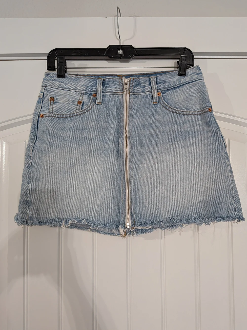 Levi's Big E Deconstructed Raw Hem Light Blue Denim Zip-Front Mini Skirt